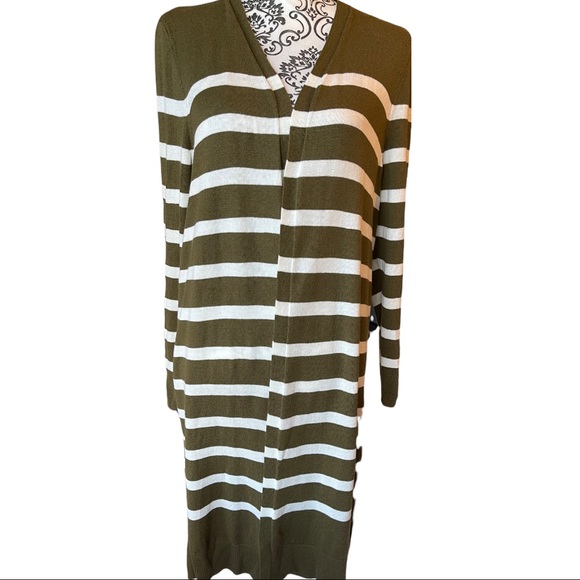 TALBOTS - Long sleeved green and white horizontal striped open sweater cardigan - Picture 4 of 10
